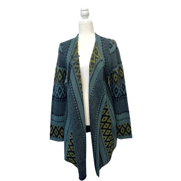 J Jill Linen Wool Alpaca Boho Tribal Geometric Wrap Cardigan Shaw Ladies MED - Picture 1 of 10